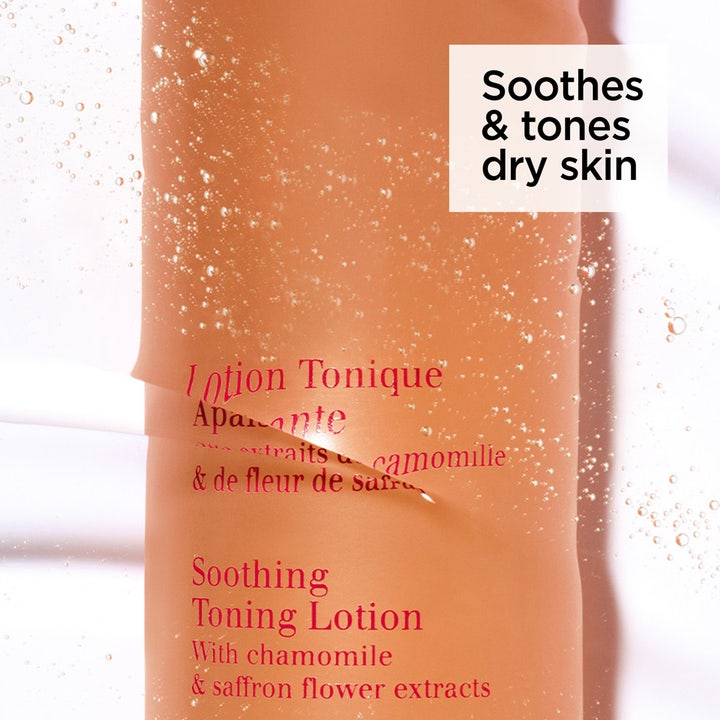 Clarins Soothing Toning Lotion 200 ml beroligende toner på orange flaske med tekst og klare vandbobler