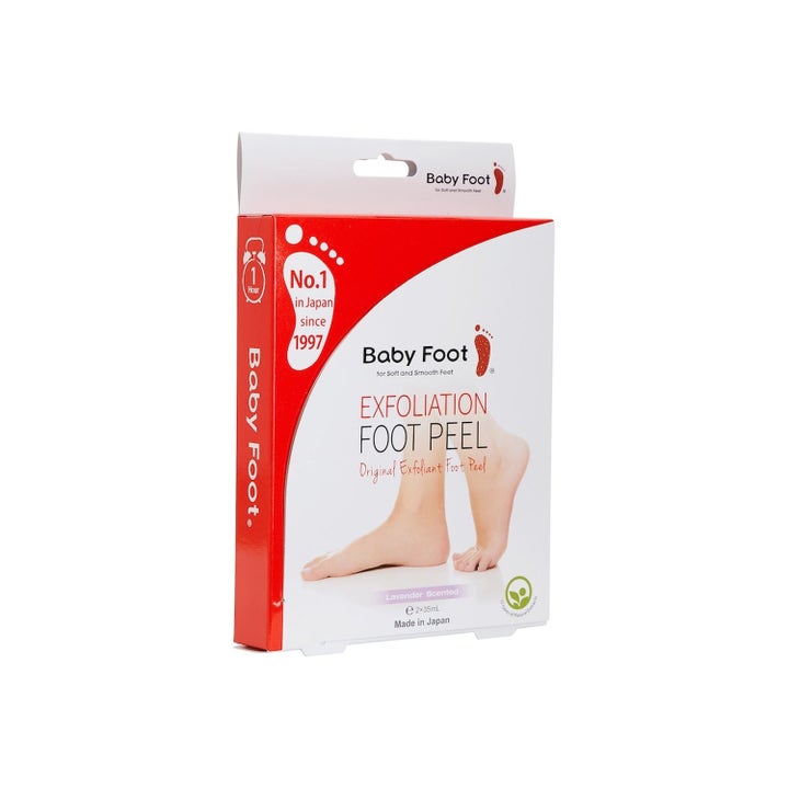 Baby Foot Exfoliation Foot Peel Duo 2 x 35ml eksfolierende fodpleje i rød og hvid æske med lavendelduft.