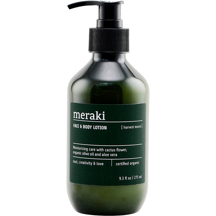 Meraki Face & Body Lotion Harvest Moon 275 ml fugtgivende pleje med kaktusblomst i mørkegrøn flaske med sort pumpe