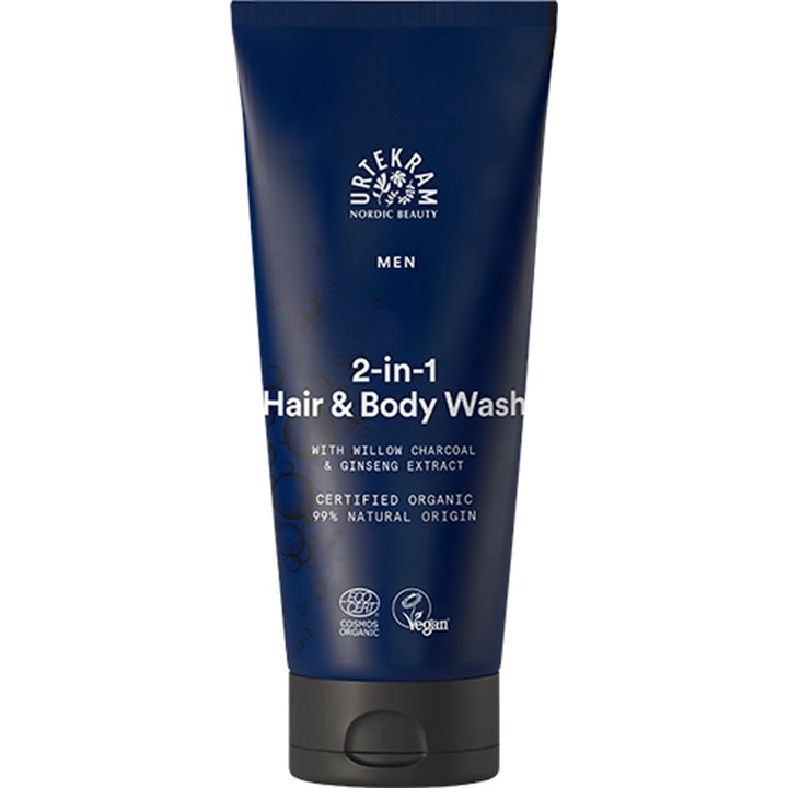 Urtekram Men 2-in-1 Hair & Body Wash med piletræskul og ginseng i en dybblå tube med sort låg