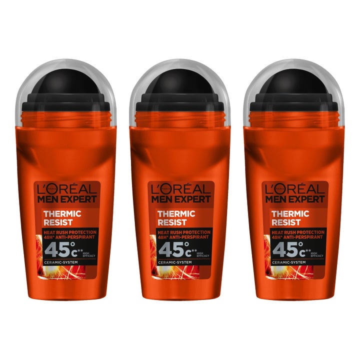 L'Oréal Men Expert Thermic Resist 3-pak anti-perspirant mod sved i orange roll-on flasker med klare låg.
