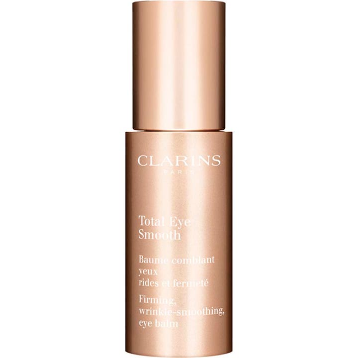 Clarins Total Eye Smooth 15 ml opstrammende øjencreme i en elegant rosaguld metalflaske med pumpehætte.
