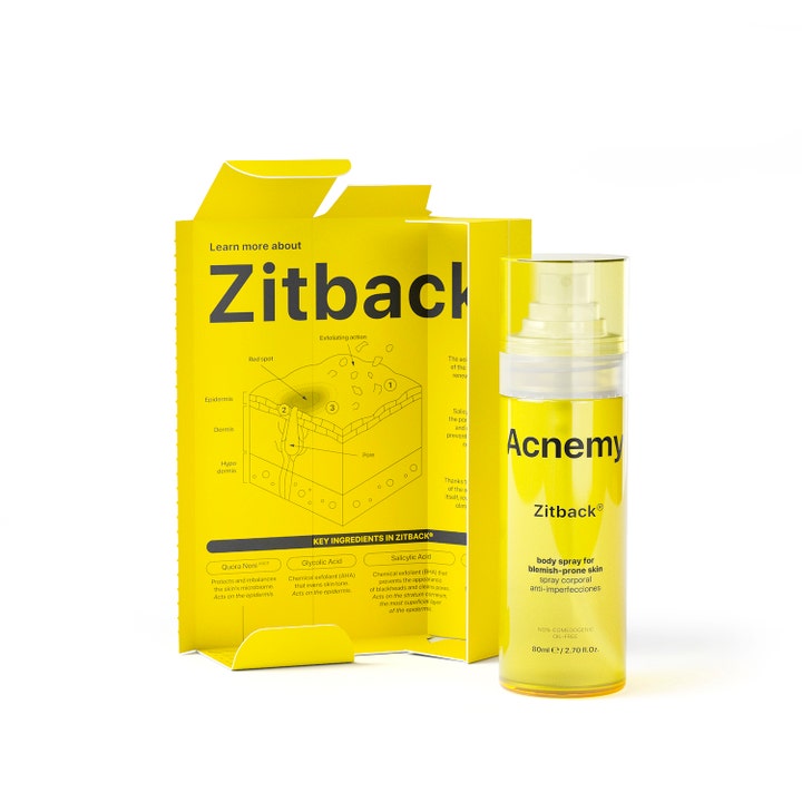 Niche Beauty Lab Acnemy Zitback 80 ml kropsspray mod urenheder i gul flaske og æske med huddiagram