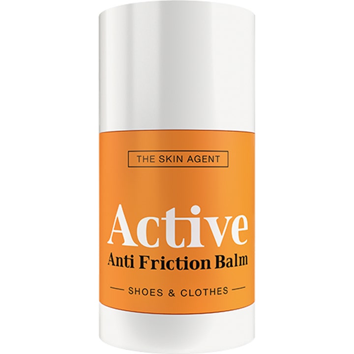 The Skin Agent Active Anti Friction Balm modvirker gnavsår i en hvid stift med orange etiket og hvidt låg.