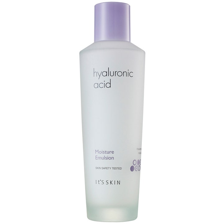 It'S SKIN Hyaluronic Acid Moisture Emulsion fugtgivende ansigtscreme i frostet glasflaske med lilla låg