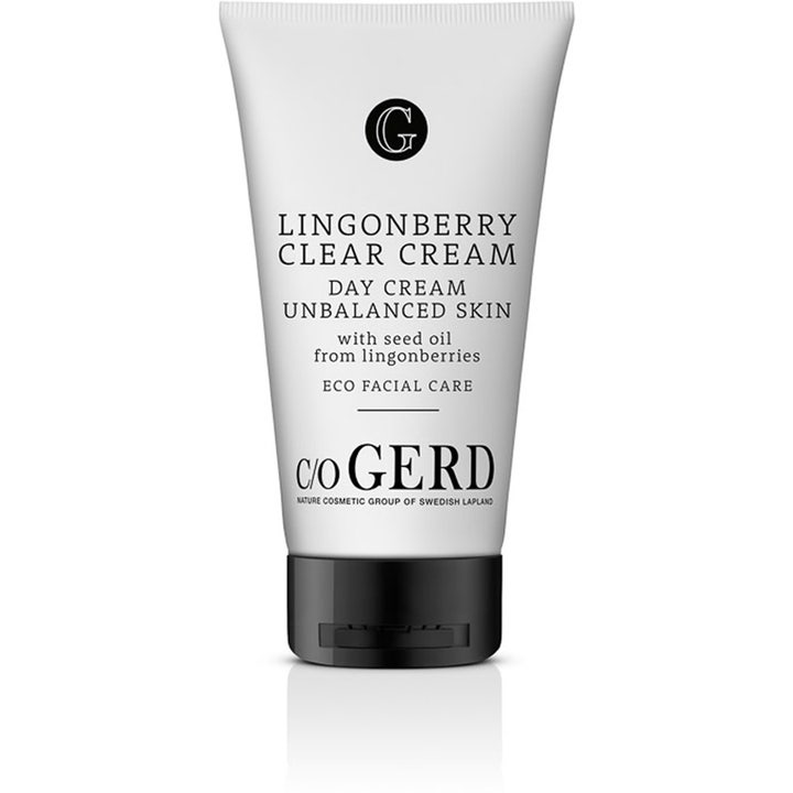 C/O Gerd Lingonberry Clear Cream 75 ml balancerende ansigtscreme i hvid tube med sort låg til uren hud