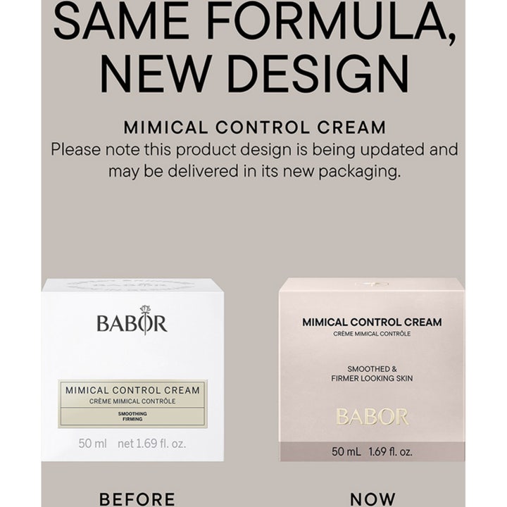 Babor Mimical Control Cream 50 ml udglattende dagcreme mod mimikrynker vist med en nærbillede af en lyserød blomst.
