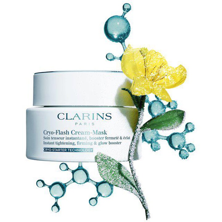Clarins Cryo-Flash Cream-Mask 75 ml opstrammende ansigtsmaske i hvid krukke med rimfrost og gul blomst