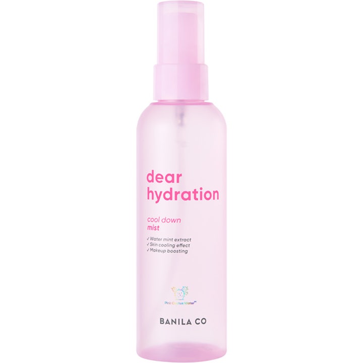 Banila Co Dear Hydration Cool Down Mist 99 ml kølende ansigtsmist i en gennemsigtig lyserød sprayflaske med låg