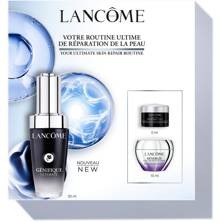 Lancôme Your Ultimate Skin Repair Routine hudplejesæt med serum og ansigtscreme i luksuriøs sort og sølv emballage