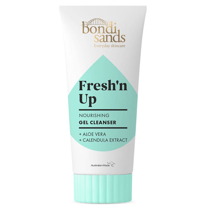 Bondi Sands Fresh'n Up nærende gel-rens med aloe vera og calendula i hvid tube med mintgrøn dråbe og rillet låg
