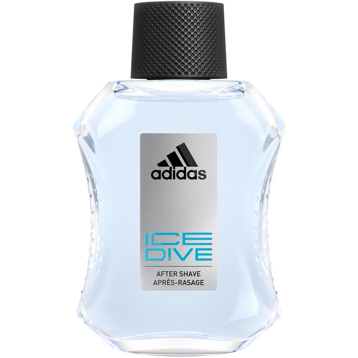 Adidas Ice Dive 100 ml aftershave til mænd i en gennemsigtig glasflaske med sort tekstureret låg