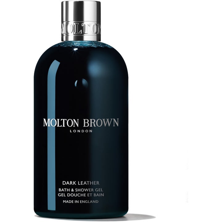 Molton Brown Dark Leather Bath & Shower Gel 300 ml kropsvask i mørkegrå flaske med signatur sølvlåg