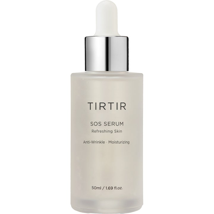 TIRTIR SOS Serum 50 ml fugtgivende ansigtsserum mod rynker i frostet glasflaske med sølvdetaljer og pipette.