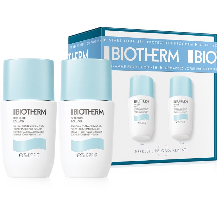 Biotherm Deo Pure Roll-On Duo 2x75 ml mod sved lugt i hvide flasker med lyseblå låg og æske