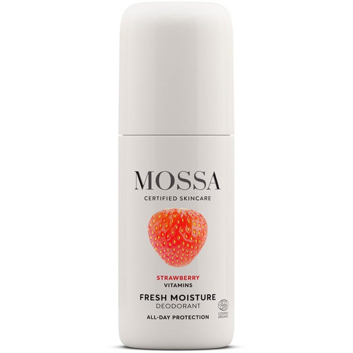 Mossa Fresh Moisture Deodorant Strawberry Vitamins fugtgivende deodorant i hvid roll-on flaske med et rødt jordbær