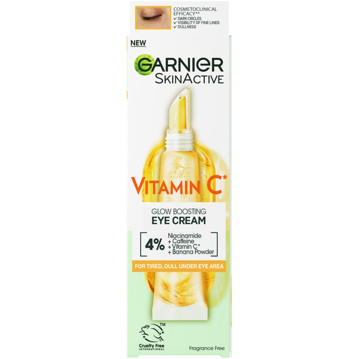 Garnier Vitamin C Glow Boost Eye Cream 15 ml øjencreme mod mørke rande i hvid æske med 4% aktivt kompleks.