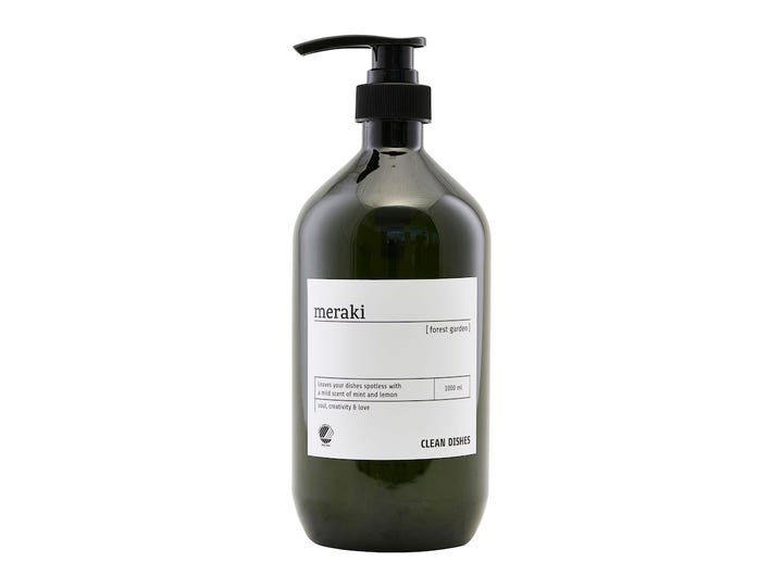 Meraki Forest Garden 1000 ml opvaskemiddel i mørkegrøn flaske med sort pumpe og hvid etikette