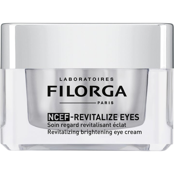 Filorga NCEF-REVITALIZE EYES revitaliserende øjencreme i gennemsigtig glaskrukke med stilrent sølvfarvet låg.