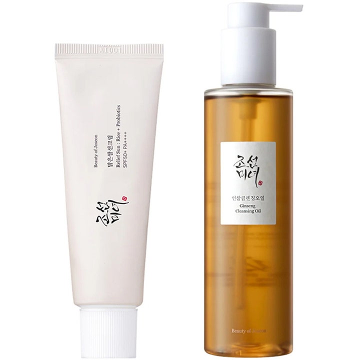 Beauty of Joseon Relief Sun og Ginseng Cleansing Oil hudpleje til glød med hvid tube og gylden flaske med hvid pumpe