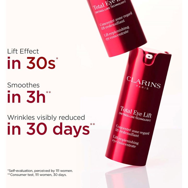 Clarins Total Eye Lift 15 ml opstrammende øjencreme i rød pumpeflaske der udglatter rynker.