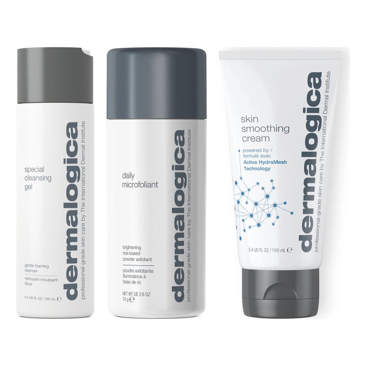 Dermalogica Best Cleanse Brighten Moisturize sæt med rens gel mikrofoliant og ansigtscreme i hvide beholdere