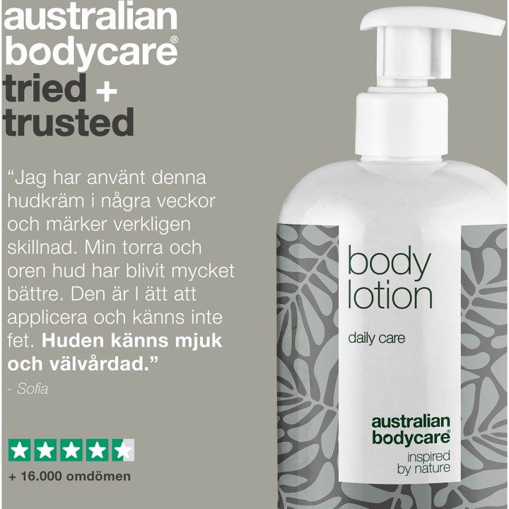 Australian Bodycare Body Lotion 500 ml mod uren hud i hvid pumpeflaske med teksten tried + trusted