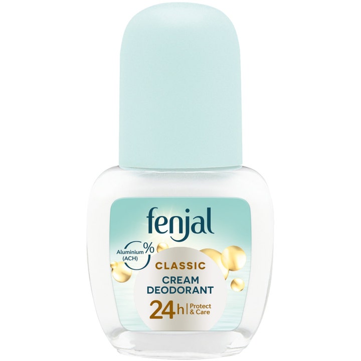 Fenjal Classic Cream Deodorant 50 ml roll-on mod lugt i klar glasflaske med lyseblåt låg