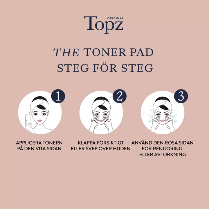 Topz Premium The Toner Pad 50 stk hudpleje med trin-for-trin guide til brug af hvid og lyserød side