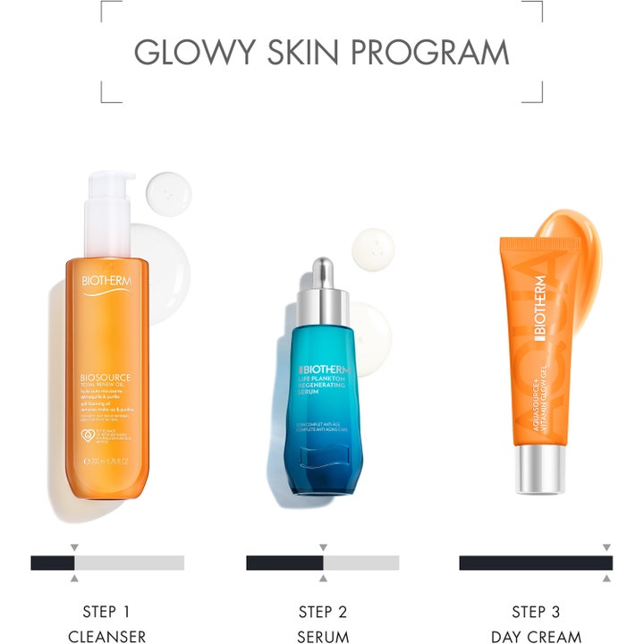 Biotherm Aquasource Vitamin Glow Gel 30 ml dagcreme i orange tube der giver glød i et 3-trins hudplejesæt