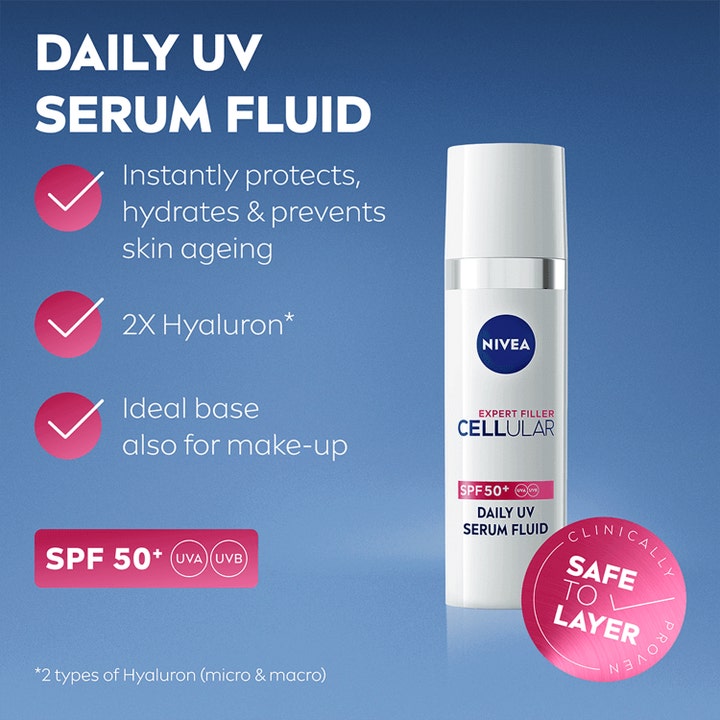 NIVEA Cellular Expert Filler 30 ml serum med SPF 50 og hyaluron i hvid pumpeflaske vist med infografik.