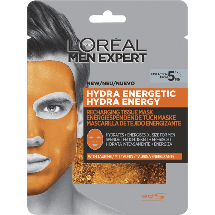L'Oréal Men Expert Hydra Energetic Tissue Mask 1 stk energigivende ansigtsmaske med taurin i grå emballage