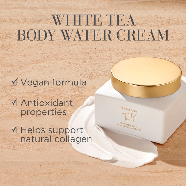 Elizabeth Arden White Tea Body Cream 225 ml vegansk kropscreme i hvid krukke med guld låg og cremet tekstur
