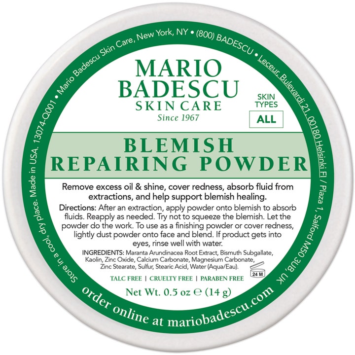 Mario Badescu Blemish Repairing Powder 14 g dækkende pudder der fjerner olie i hvid krukke med grøn etiket