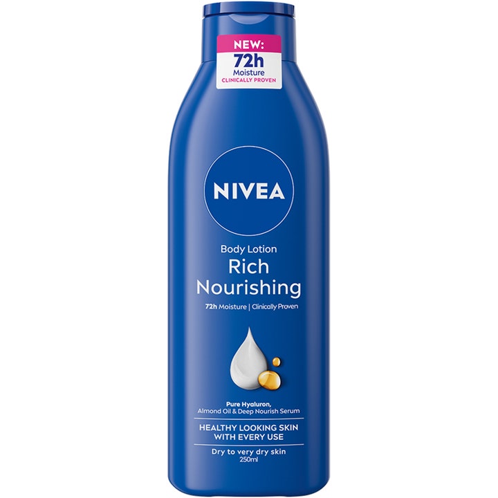 Nivea Rich Nourishing Body Lotion 250ml fugtgivende pleje til tør hud i blå flaske med hvide og gyldne dråber