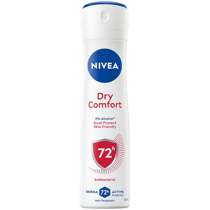 Nivea Dry Comfort 150 ml deospray giver 72 timers beskyttelse i en hvid sprayflaske med blåt låg og rød grafik.