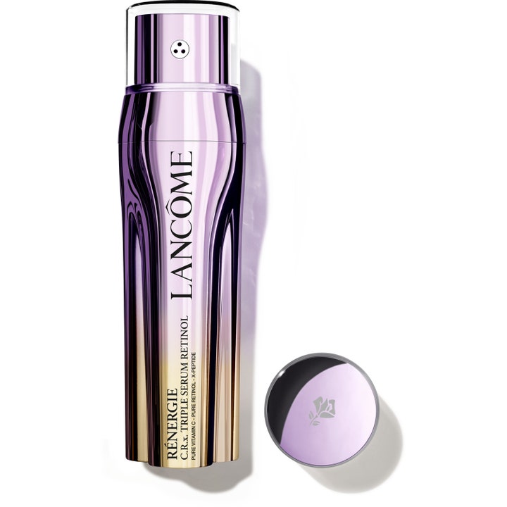 Lancôme Rénergie C.R.X. Triple Serum Retinol opstrammende serum i en lilla og guld metallisk flaske med løst låg.