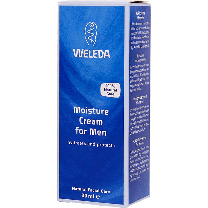 Weleda Moisture Cream For Men 30 ml fugtgivende ansigtscreme i blå papæske der beskytter huden effektivt