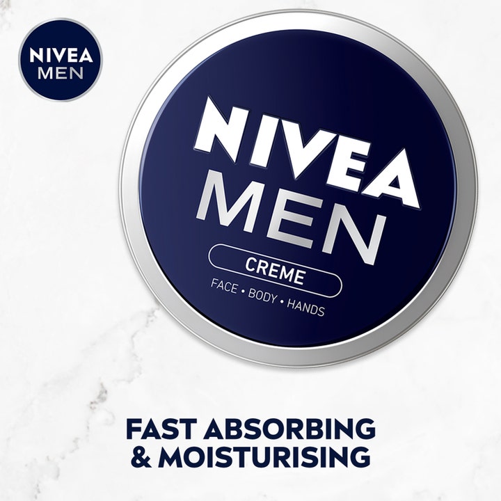 NIVEA Men creme 150 ml fugtgivende hudpleje i rund blå metaldåse på marmor med hurtigtabsorberende formel.