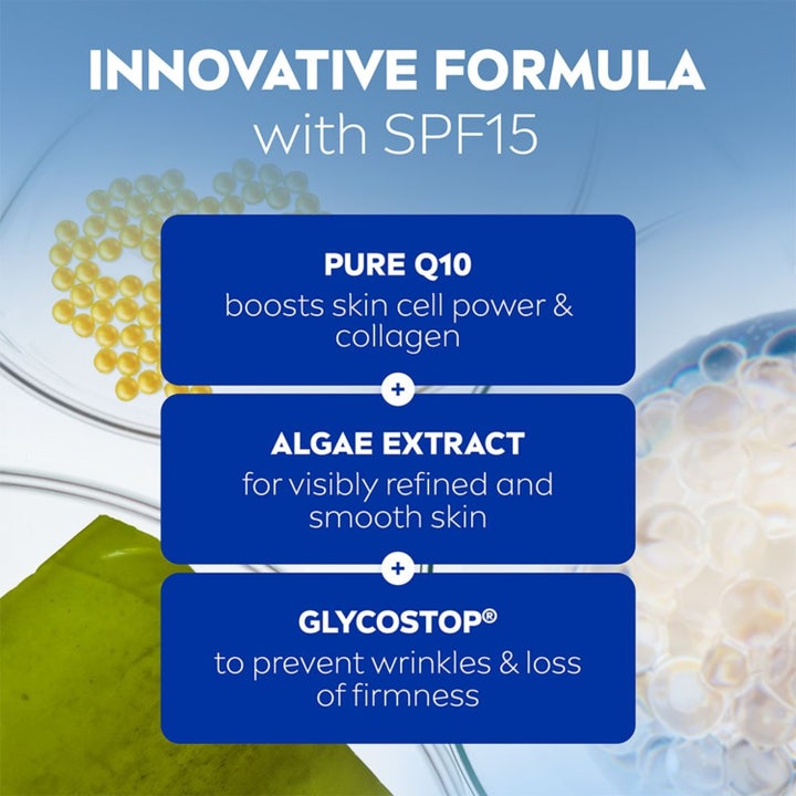 NIVEA Q10 Power Pore Minimising Day Cream 50 ml dagcreme påføres af kvinde med tekst om synligt mindre porer på 24 timer.