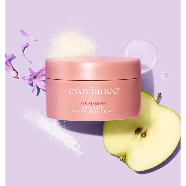 Exuviance Age Reverse Toning Neck Cream 125 g opstrammende halscreme i rosa krukke med æble og blomster