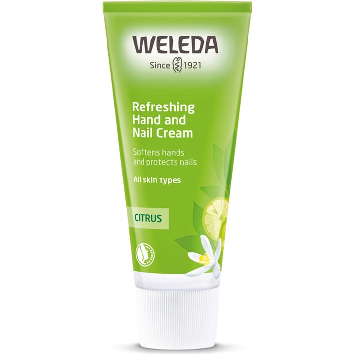 Weleda Refreshing Hand and Nail Cream blødgørende håndcreme i grøn tube med hvidt låg og frisk citrusmotiv.