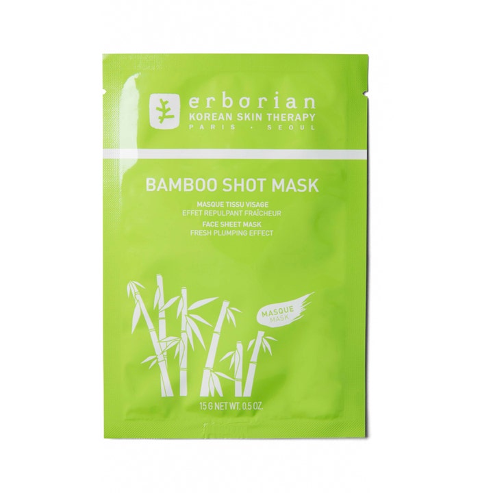 Erborian Bamboo Shot Mask 15 g fugtgivende sheet mask i lysegrøn emballage med hvide bambusillustrationer.