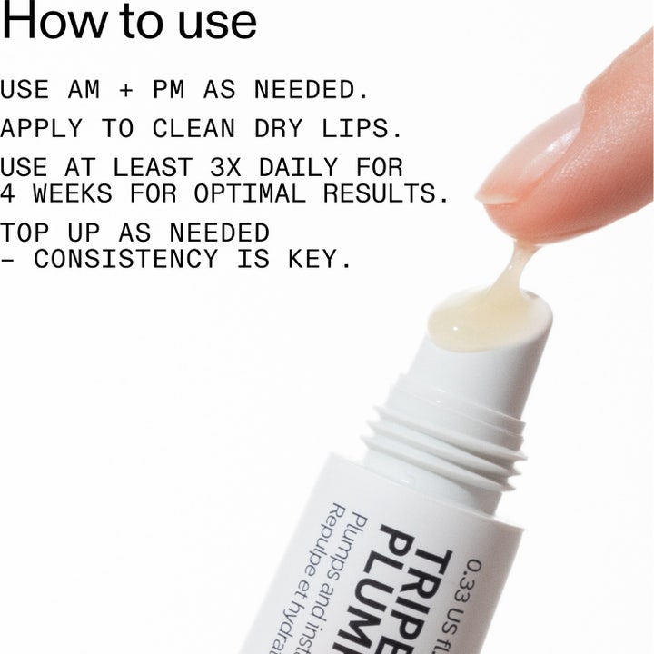 The INKEY List Tripeptide Plumping Lip Balm 10 ml giver fyldige læber med klar gel på tube med brugsanvisning