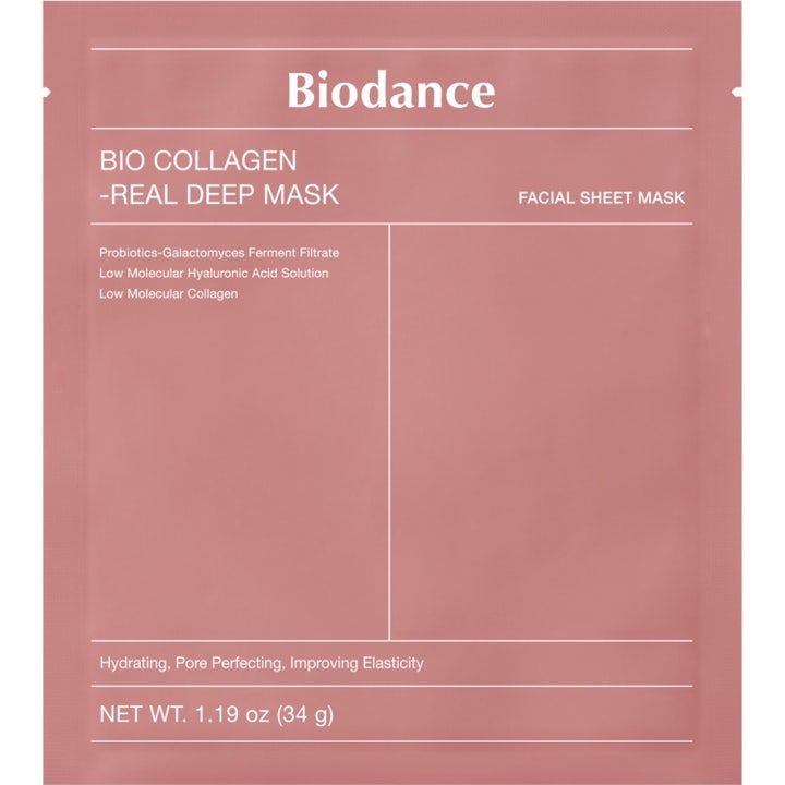 Biodance Bio Collagen Real Deep Mask 34 g opstrammende sheet maske i en støvet lyserød pose med hvid tekst.