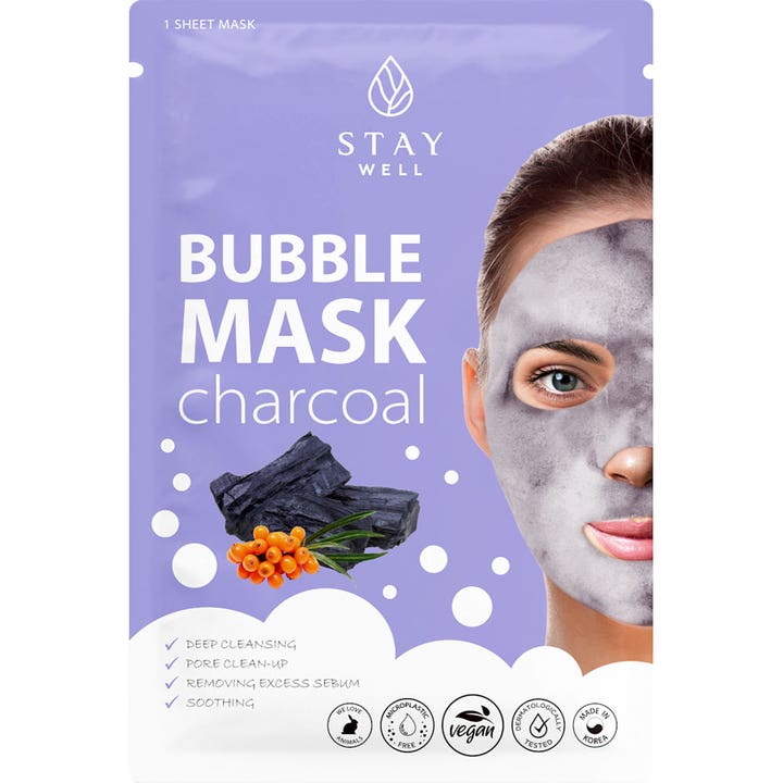 Stay Well Bubble Mask Charcoal 1 stk rensende sheetmaske i lilla indpakning der giver dybderensende skum