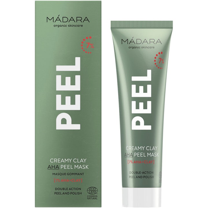 MÁDARA Peel Creamy Clay AHA Peel Mask 60 ml eksfolierende ansigtsmaske i grøn tube og æske med 7% AHA