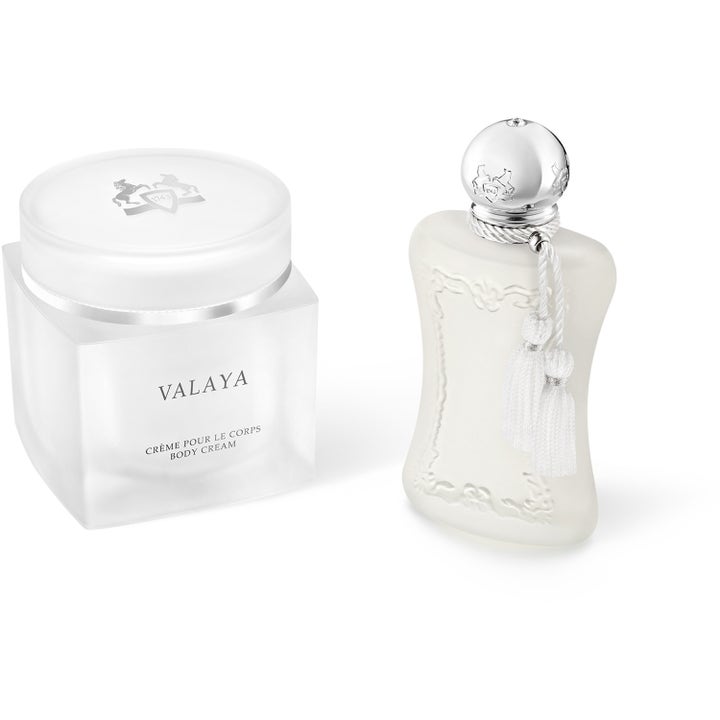 Parfums De Marly Valaya Body Cream 200 ml fugtgivende kropscreme i hvid krukke ved siden af matchende parfumeflaske