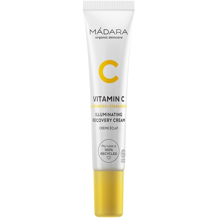 Mádara Vitamin C Illuminating Recovery Cream oplysende ansigtscreme i hvid tube med gul hætte og et stort gult C.