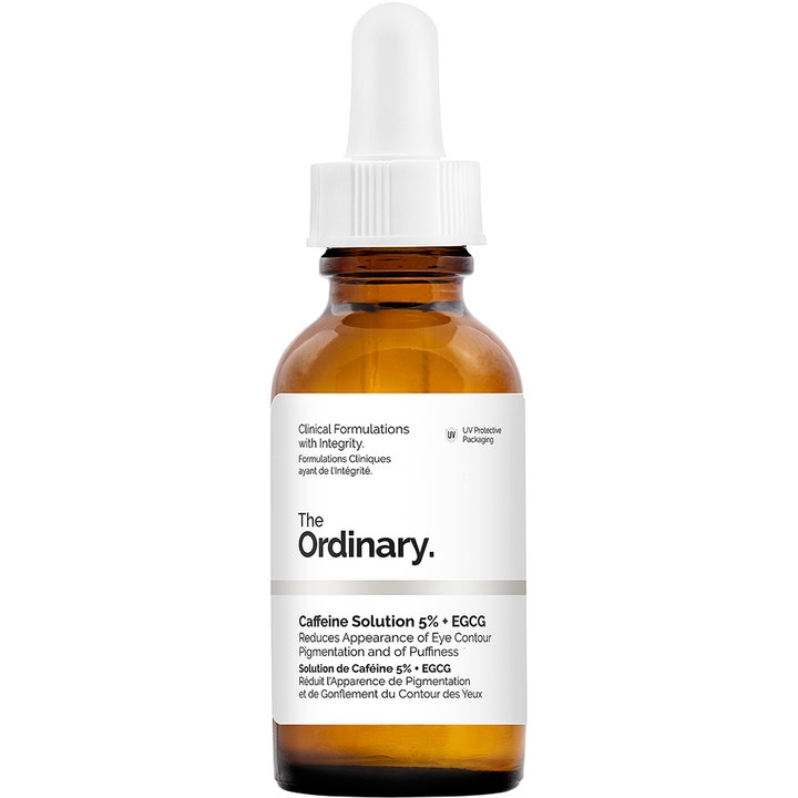 The Ordinary Caffeine Solution 5% + EGCG 30ml øgenserum mod hævelser i en ravfarvet glasflaske med hvid pipette